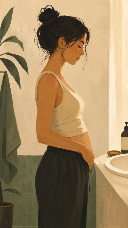 Side-on bump photo at week 12, standing by the bathroom sink