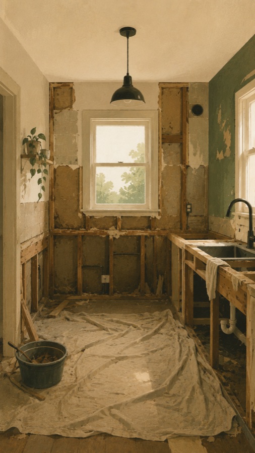 Gutted kitchen, first capture, ghosted